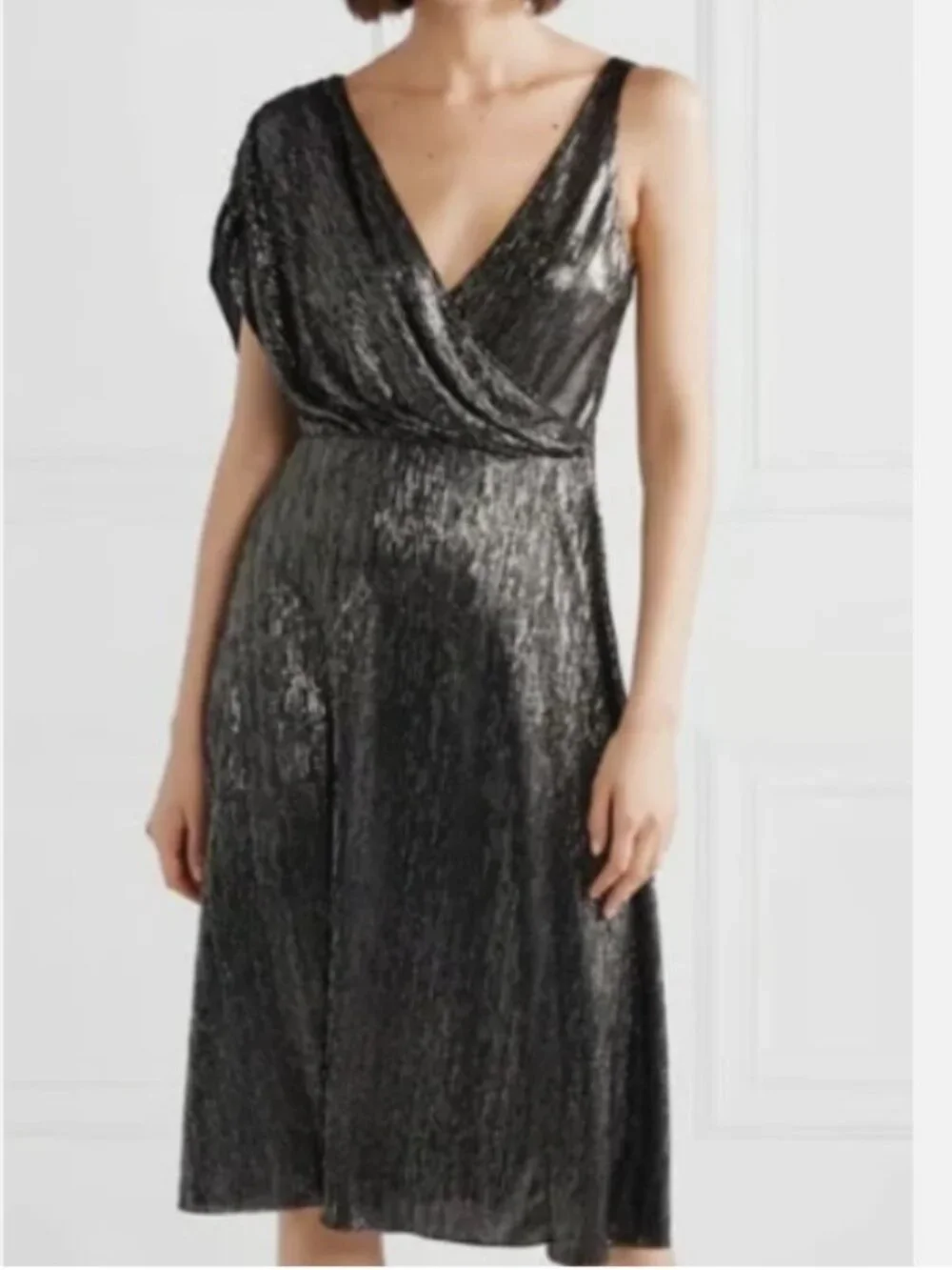 Alice + Olivia Roxy Front-Drape Midi Dress Gold Black Metallic Shimmer Size 2